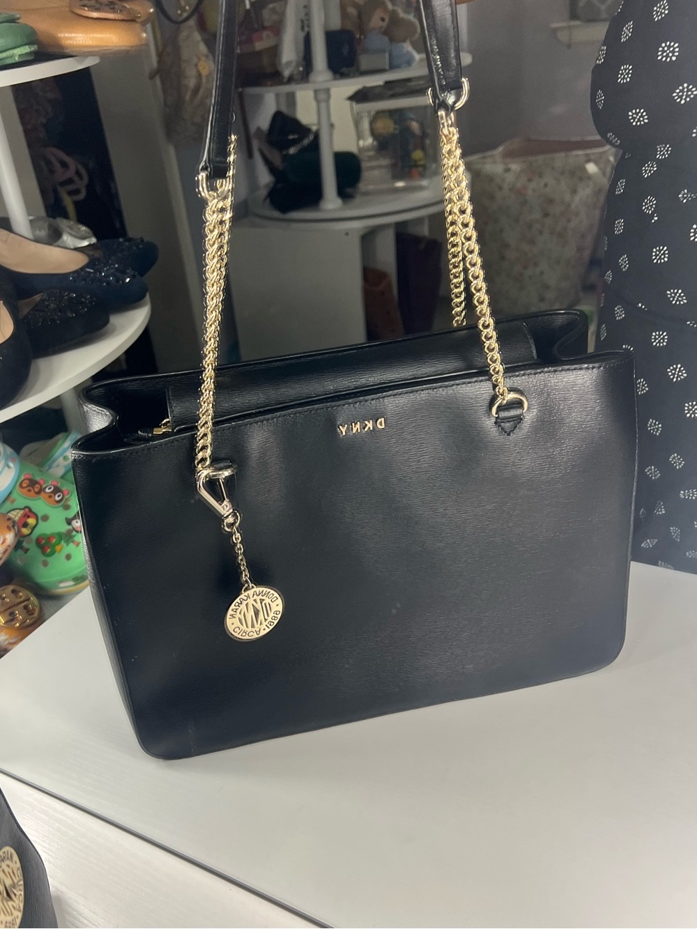 DKNY Black Leather Shoulder Bag with Gold Chain Handles